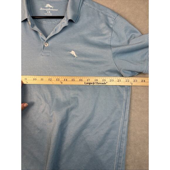 Tommy Bahama Shirt Mens Lg Short‎ Sleeve Polo Baby Blue Striped Cotton Blend - Picture 6 of 8